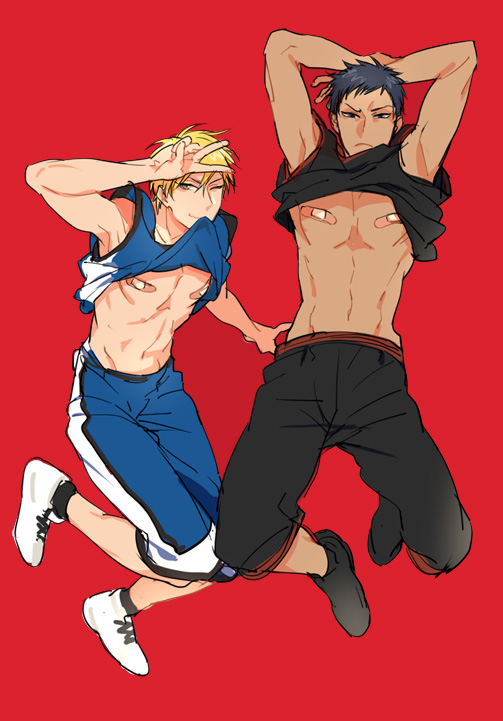 2boys ;) aomine_daiki arms_behind_head bandaid bandaids_on_nipples basketball_uniform blonde_hair blue_hair closed_mouth dark_skin dark_skinned_male full_body k29 kise_ryouta kuroko_no_basuke looking_at_viewer male_focus mouth_hold multiple_boys one_eye_closed pasties red_background shoes simple_background sleeveless smile sneakers sportswear toned toned_male v
