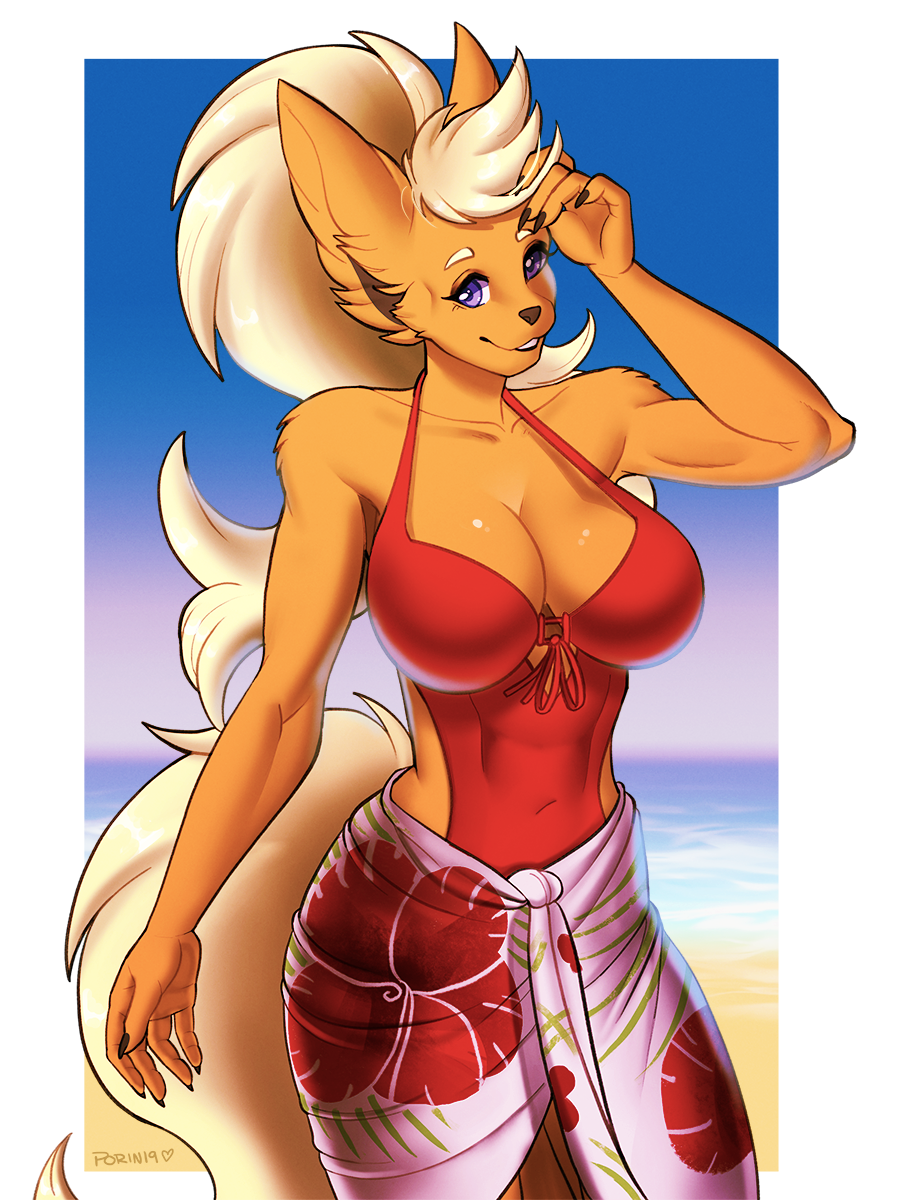 anthro beach breasts clothed clothing eeveelution female flareon hi_res looking_at_viewer nintendo outside pok&eacute;mon pok&eacute;mon_(species) porin rosalyn_(eeveexpert) seaside smile solo standing swimwear video_games wide_hips