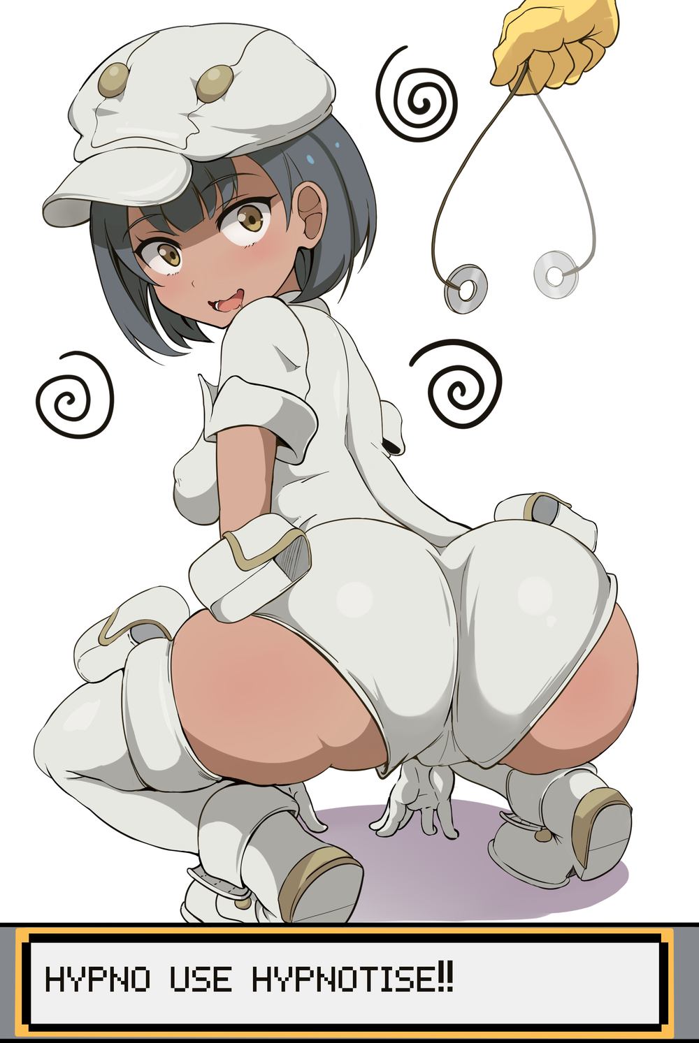1girl :d aether_foundation_employee ass black_hair blush breasts brown_eyes cabbie_hat covered_nipples creatures_(company) dark_skin employee_uniform english_text from_behind full_body game_freak gen_1_pokemon gloves half-closed_eyes hat highres hypno hypnosis looking_back medium_breasts mind_control nintendo open_mouth pendulum pokemon pouch shirt shoes short_hair short_shorts short_sleeves shorts simple_background smile solo_focus spiral squatting text_focus thighhighs uniform verseir_001 wavy_mouth white_background white_footwear white_gloves white_legwear white_shirt white_shorts yellow_skin