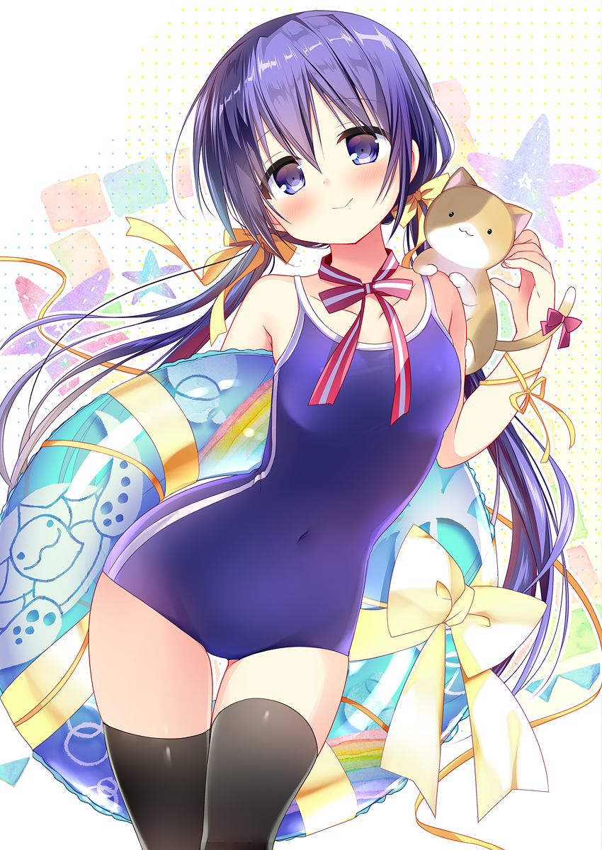1girl :3 animal animal_on_shoulder bangs bare_arms bare_shoulders black_legwear blue_swimsuit blush bow breasts cat_on_shoulder closed_mouth commentary_request covered_navel eyebrows_visible_through_hair fingernails gluteal_fold hair_between_eyes hair_ribbon hand_up head_tilt highres innertube long_hair low_twintails nagayama_yuunon one-piece_swimsuit original purple_eyes purple_hair red_bow ribbon school_swimsuit small_breasts smile solo star swimsuit tail tail_bow thigh_gap thighhighs transparent twintails very_long_hair yellow_ribbon