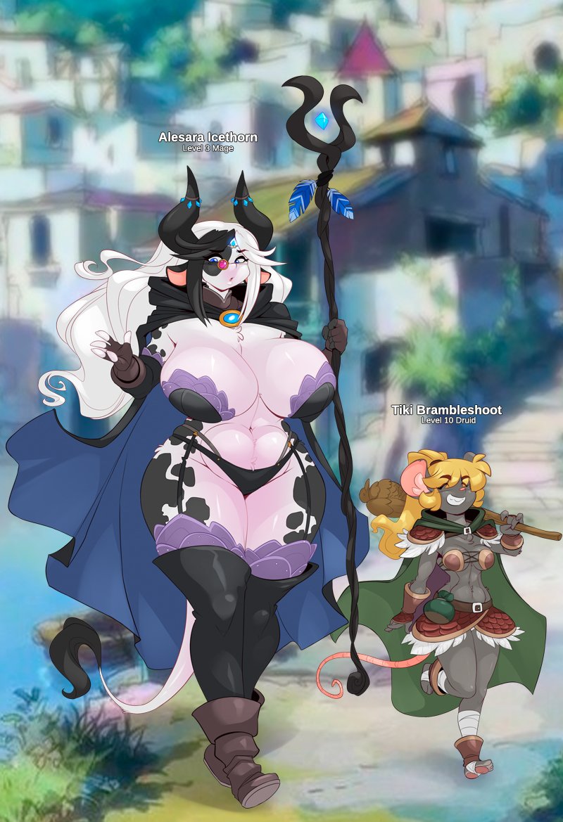 2019 5_fingers alejandra_coldthorn anthro big_breasts biped black_ears black_eyebrows black_fur black_hair black_markings blonde_hair blue_eyes boots bovid bovine breast_size_difference breasts cape chalo cleavage clothed clothing club_(weapon) crossover detailed_background digital_media_(artwork) dungeons_and_dragons duo eyebrows eyes_closed eyewear female footwear fur grey_ears grey_fur hair holding_object holding_weapon huge_breasts larger_anthro larger_female las_lindas legwear long_hair long_tail mammal markings melee_weapon monocle mouse multicolored_fur multicolored_hair murid murine pink_nose pink_tail ponytail rodent size_difference skimpy small_breasts smaller_anthro smaller_female smile splotches_(marking) staff tail_tuft thick_thighs thigh_high_boots tootsie tuft two_tone_fur two_tone_hair voluptuous walking weapon webcomic white_fur white_hair white_tail wide_hips