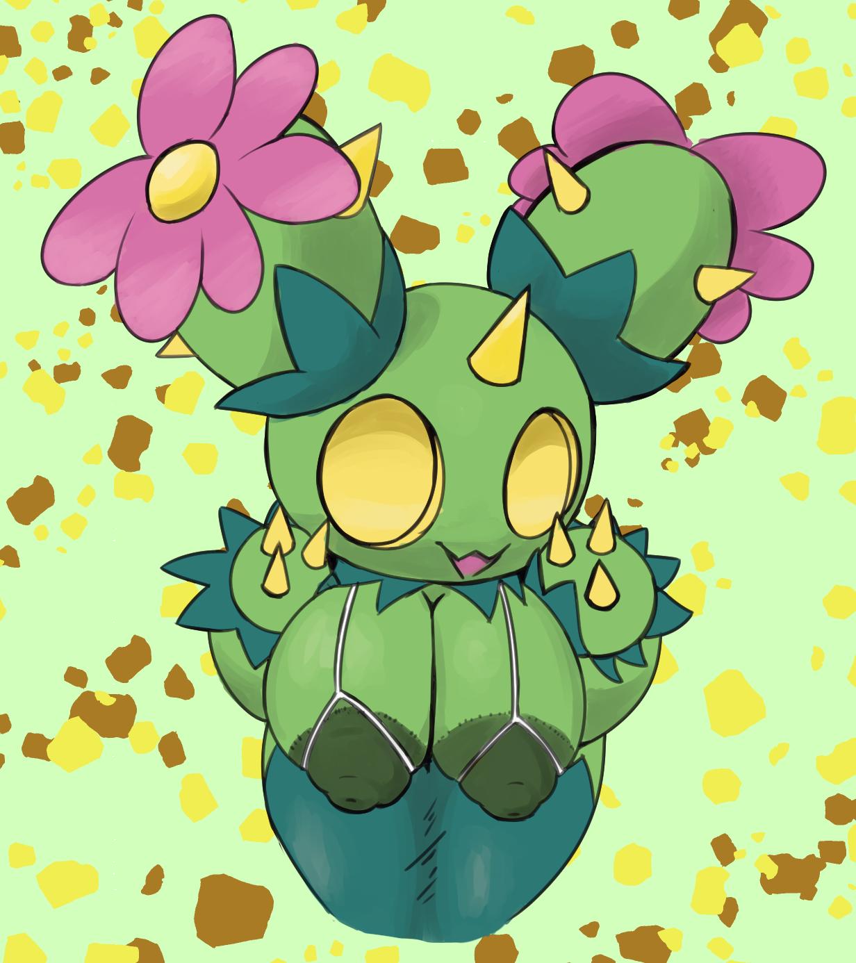 abstract_background areola big_areola big_breasts breasts cactus female flora_fauna flower hi_res horn huge_breasts leaning leaning_forward maractus nintendo nipples not_furry open_mouth plant pok&eacute;mon pok&eacute;mon_(species) smile solo spikes video_games vono yellow_eyes