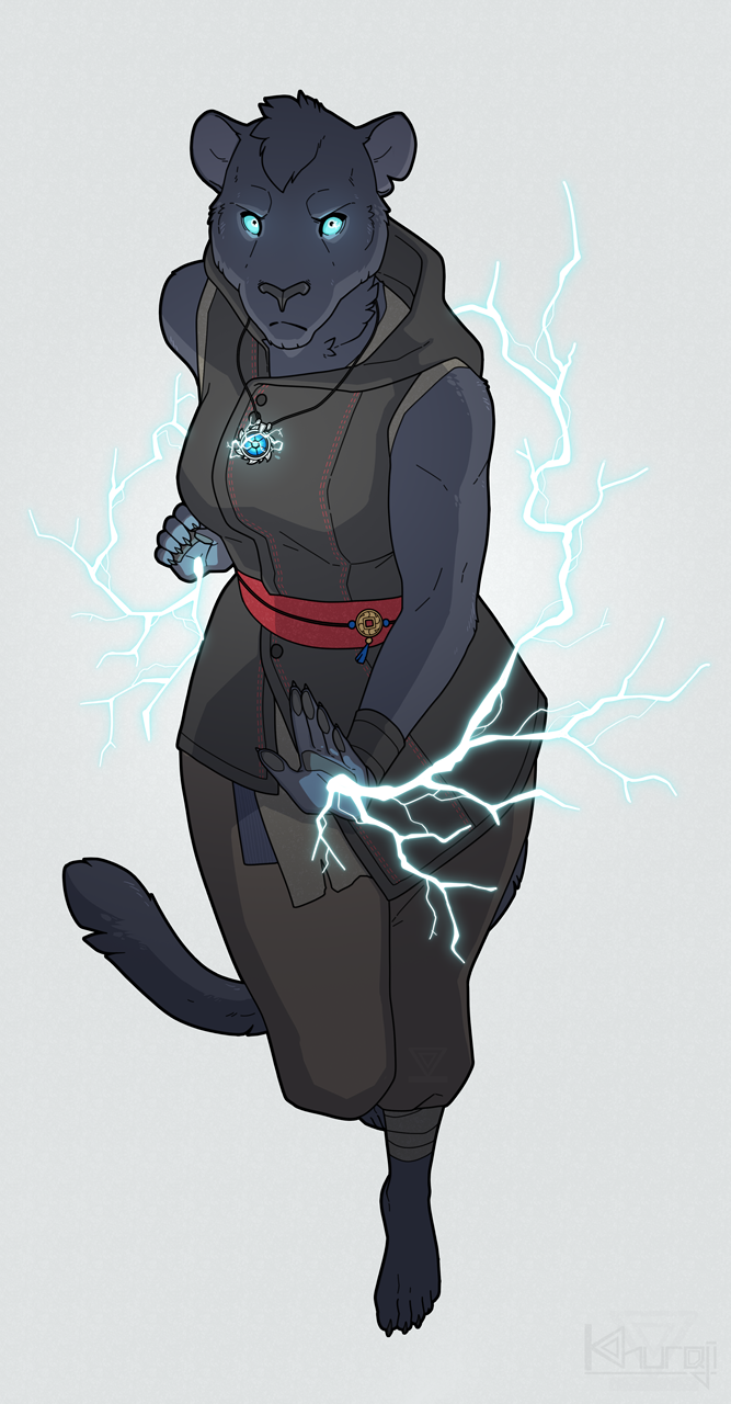 2019 5_fingers 5_toes amulet anthro black_claws black_fur black_nose black_tail blue_eyes claws clothed clothing digital_media_(artwork) felid female fighting_stance front_view fully_clothed fur grey_background hi_res lightning looking_at_viewer magic magic_user mammal melanistic on_one_leg pantherine requiembeatz simple_background solo standing toe_claws toes