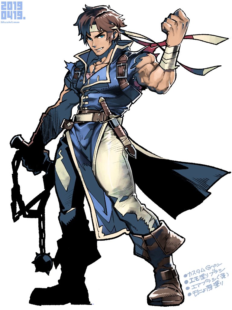 1boy belt blue_eyes brown_hair castlevania castlevania:_rondo_of_blood fujimoto_hideaki full_body gloves headband male_focus nintendo richter_belmondo short_hair simple_background smile solo super_smash_bros. weapon whip