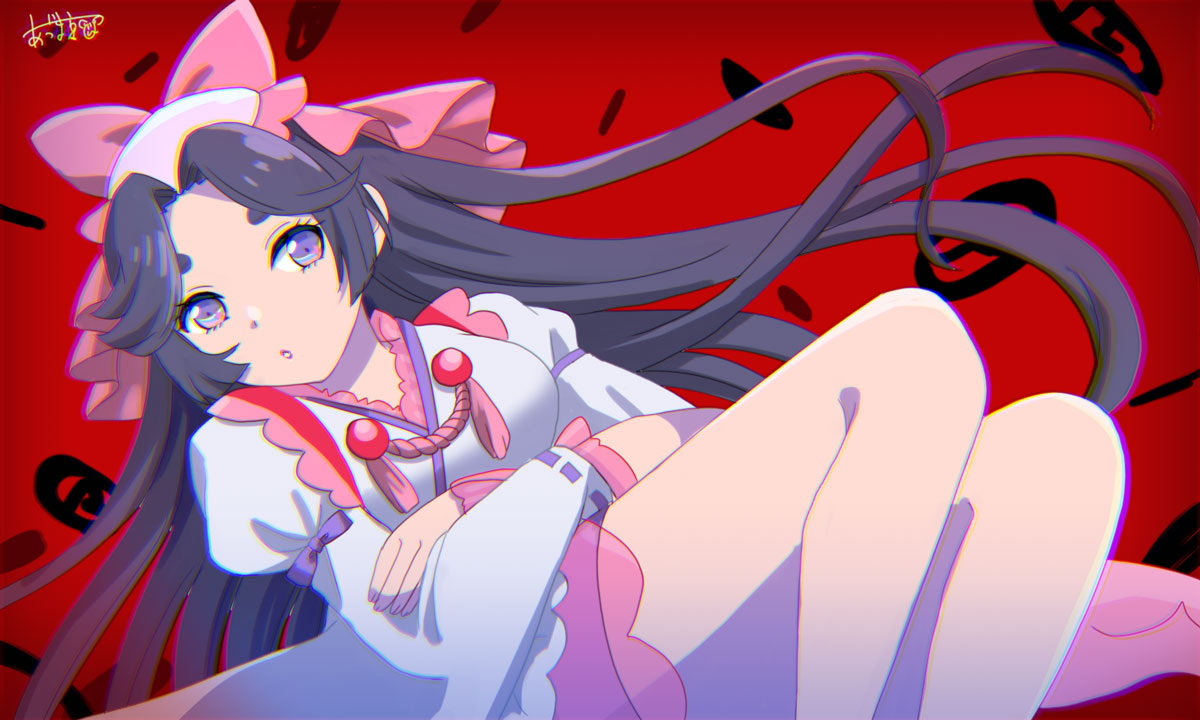 1girl azuma_sara bangs black_hair bow crossed_arms dress hair_bow long_sleeves looking_at_viewer muraiaria parted_bangs pink_bow purple_eyes red_background sarazanmai sitting solo thick_eyebrows