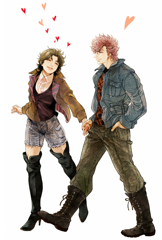 1boy 1girl bat_(hokuto_no_ken) boots brown_hair closed_mouth commentary_request denim eyes_closed hokuto_no_ken jeans jobo_(isi88) lynn pants short_hair shorts simple_background smile white_background