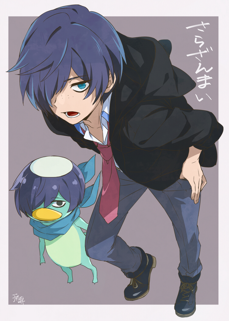 1boy alternate_form black_footwear black_hoodie blue_scarf freckles hair_over_one_eye kappa kuji_toi looking_at_viewer male_focus necktie pants purple_background red_neckwear sarazanmai scarf smile tenni_noboru thumb_in_pocket