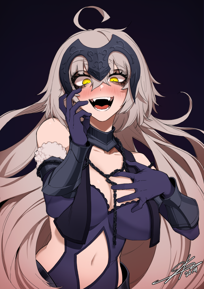 1girl 2019 ahoge bare_shoulders blush breasts cleavage constricted_pupils cowboy_shot dated elbow_gloves fate/grand_order fate_(series) gesugao gloves grey_hair hair_between_eyes hand_on_own_cheek hand_on_own_chest headpiece j.k. jeanne_d'arc_(alter)_(fate) jeanne_d'arc_(fate)_(all) large_breasts long_hair navel nose_blush pink_hair sharp_teeth signature smile sneer solo teeth tongue white_background yellow_eyes
