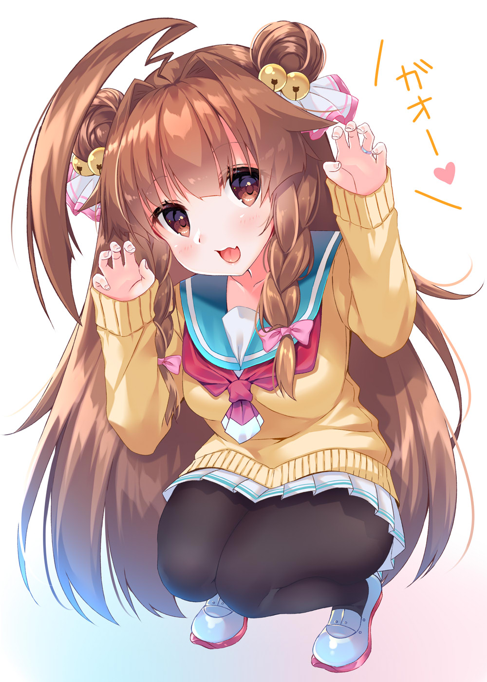 1girl :d ahoge arm_up bangs bell blue_sailor_collar brown_eyes brown_hair brown_legwear brown_sweater claw_pose commentary_request double_bun eyebrows_visible_through_hair fang fingernails full_body grey_footwear hair_bell hair_between_eyes hair_intakes hair_ornament hair_ribbon hand_up head_tilt heart highres huge_ahoge jewelry jingle_bell kantai_collection ko_yu kuma_(kantai_collection) long_hair long_sleeves looking_at_viewer open_mouth pantyhose pleated_skirt ribbon ring sailor_collar school_uniform serafuku shoes skirt sleeves_past_wrists smile solo squatting sweater translation_request very_long_hair wedding_band white_background white_ribbon white_skirt