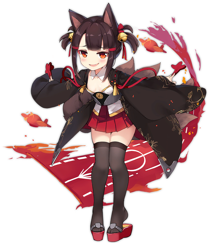 1girl akagi-chan_(azur_lane) akagi_(azur_lane) animal_ears azur_lane bell black_legwear blush boqboq breasts brown_hair eyebrows_visible_through_hair fang fox_ears fox_girl fox_tail hair_bell hair_ornament japanese_clothes jingle_bell kyuubi multiple_tails official_art open_mouth pleated_skirt red_eyes red_skirt skin_fang skindentation skirt small_breasts smile smug solo tail thighhighs twintails younger