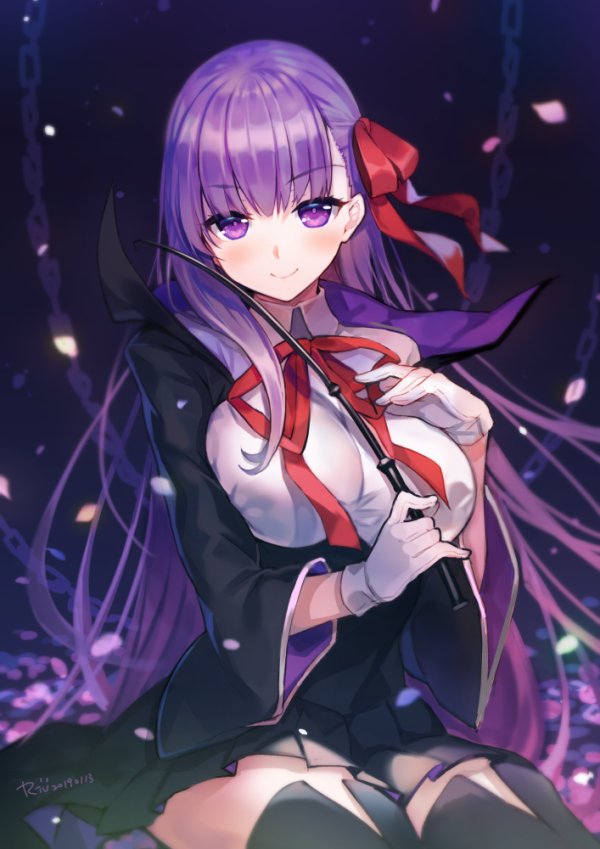 1girl bangs bb_(fate)_(all) bb_(fate/extra_ccc) black_coat black_skirt blush breasts chains closed_mouth coat fate/extra fate/extra_ccc fate_(series) gloves hair_ribbon high-waist_skirt large_breasts leotard long_hair long_sleeves looking_at_viewer open_clothes open_coat petals popped_collar purple_eyes purple_hair red_ribbon ribbon riv sitting skirt smile solo thighs very_long_hair wand white_gloves white_leotard