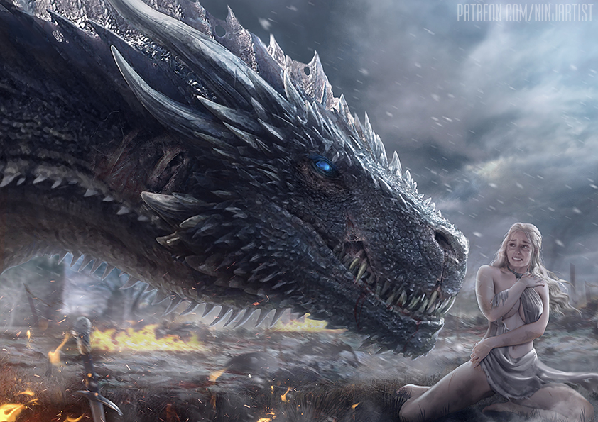 blue_eyes breasts clothed clothing daenerys_targaryen digital_media_(artwork) digital_painting_(artwork) dragon duo female feral fire game_of_thrones hair human larger_male male mammal ninjart outside scalie sharp_teeth size_difference smaller_female snow teeth undead viserion white_hair wyvern zombie
