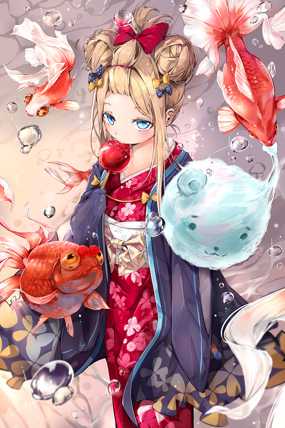 1girl abigail_williams_(fate/grand_order) alternate_hairstyle animal black_bow blue_eyes blush bow brown_hair bubble candy_apple commentary_request cotton_candy double_bun eating fate/grand_order fate_(series) fish floral_print food goldfish hair_bow hair_up highres hmw_(pixiv7054584) holding holding_food japanese_clothes kimono long_hair long_sleeves looking_at_viewer obi orange_bow polka_dot polka_dot_bow print_kimono red_bow red_kimono sash sidelocks sleeves_past_fingers sleeves_past_wrists solo standing yukata