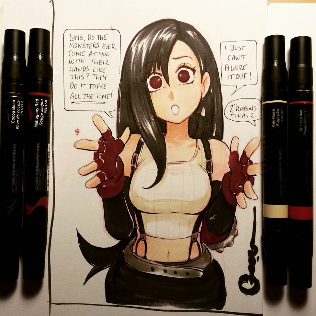 1girl artist_signature asking_question belt big_breasts black_hair breasts dialogue earrings eyebrows_visible_through_hair female female_focus final_fantasy_vii fingerless_gloves gloves hands_out lipstick long_hair looking_at_viewer marker marker_(artwork) omar_dogan real_life red_eyes screenshot sketchbook speech_bubble square_enix talking_to_viewer text tifa_lockhart