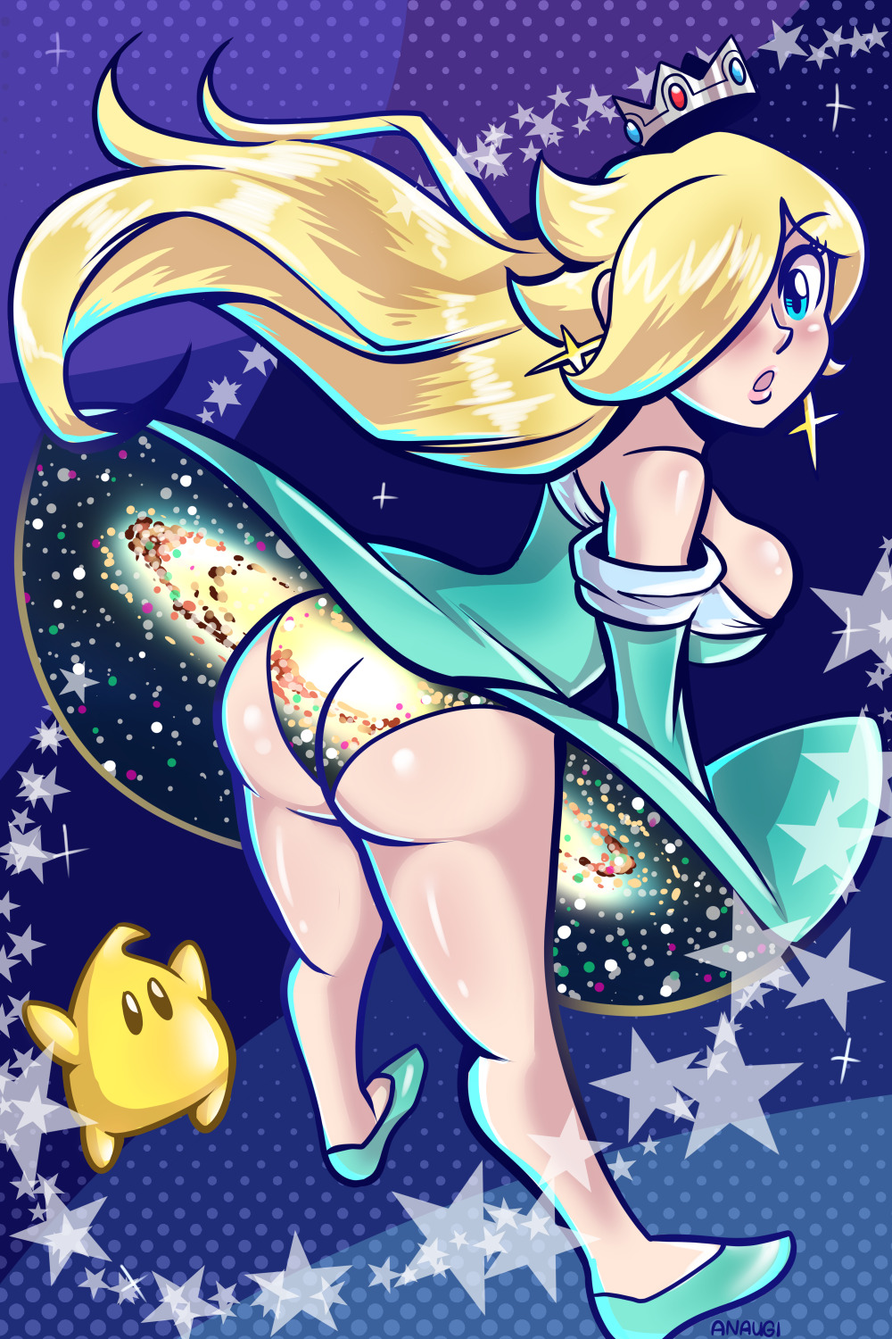 1girl ass blonde_hair blue_eyes blush breasts butt captainanaugi cosmic crown dress earrings exposed exposed_butt eyelashes female female_focus galaxy hair_over_one_eye heels light_blue_dress lips lipstick long_hair looking_at_viewer luma mouth_open nintendo panties princess_rosalina sideboob space star stars super_mario_bros. super_mario_galaxy thick thighs underwear upskirt