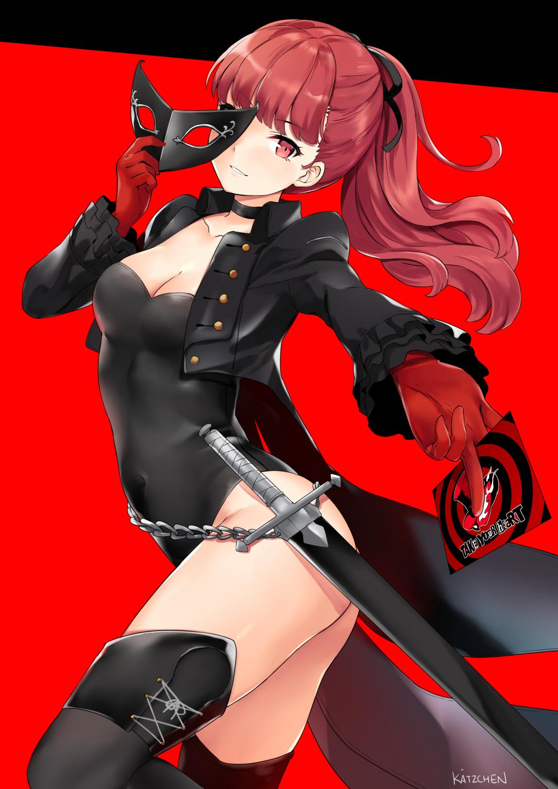 1girl black_border black_choker black_flower black_legwear black_leotard black_rose border breasts buttons chains choker coattails commentary cropped_jacket english_commentary flower frilled_sleeves frills gloves hair_ribbon highres holding juliet_sleeves kaetzchen leotard long_hair long_sleeves mask medium_breasts persona persona_5 persona_5_the_royal puffy_sleeves red_background red_eyes red_gloves red_hair ribbon rose scabbard shadow sheath shrug smile solo sword thighhighs two-tone_background weapon yoshizawa_kasumi