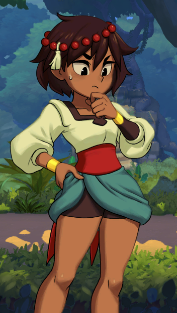 1girl ajna ajna_(indivisible) armband beads brown_hair bush bushes close-up dark_skin dark_skinned_female eyebrows female female_focus grass hand_on_chin indivisible jungle legs outdoors rock screencap spats stone sweatdrop thinking video_games waist_cape