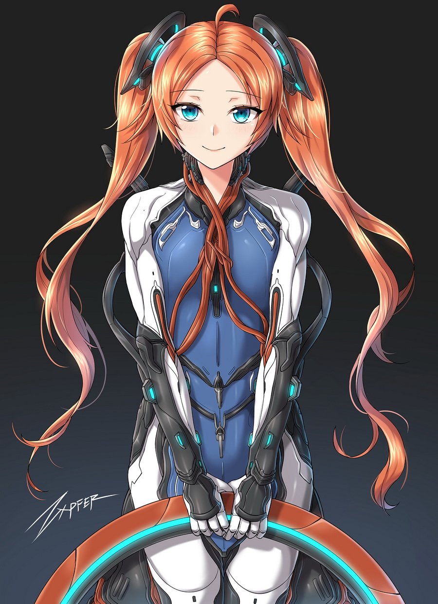 1boy ahoge artist_name blue_eyes bodysuit closed_mouth commentary eyebrows_visible_through_hair hair_ornament highres holding humanization long_hair looking_at_viewer nezha_(warframe) red_hair simple_background smile solo trap twintails warframe zxpfer