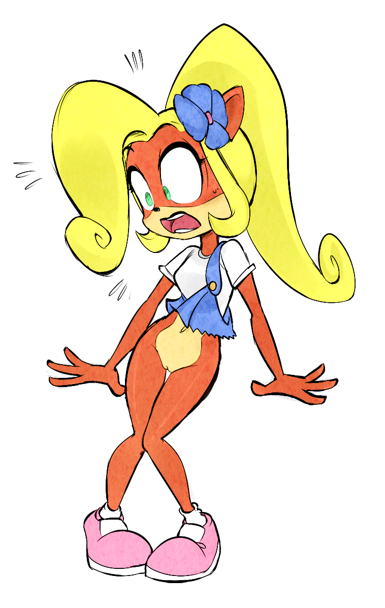 1girl blonde_hair bottomless clothes_rip coco_bandicoot crash_bandicoot flower hair_flower hair_ornament humor pussy surprised