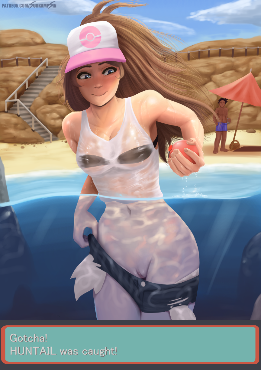 beach beach_umbrella black_eyes blue_eyes blue_scales bra breasts brown_hair bubble captured cleavage clothed clothing dark_skin duo english_text female glistening hair hat headgear headwear hi_res hilda_(pok&eacute;mon) human human_only looking_down male mammal nintendo not_furry panties pants_down partially_clothed partially_submerged pok&eacute;ball pok&eacute;mon pok&eacute;mon_(species) pussy rock sand scales seaside shirt shorts stairs sudkampsin text topwear underwear video_games water wet wet_clothing wet_shirt white_clothing worried