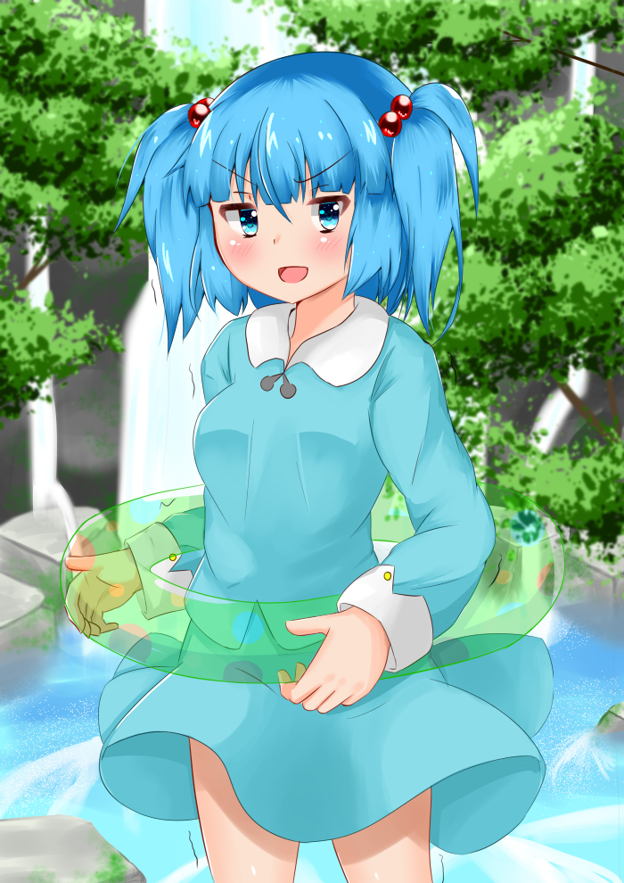 1girl blue_eyes blue_hair blue_shirt blue_skirt blurry blush breasts commentary_request cowboy_shot day depth_of_field eyebrows_visible_through_hair furrowed_eyebrows hair_bobbles hair_ornament holding holding_innertube innertube kawashiro_nitori long_sleeves looking_at_viewer medium_breasts no_hat no_headwear open_mouth outdoors rock rururiaru shirt short_hair skirt sleeve_cuffs solo standing touhou tree trembling twintails water waterfall