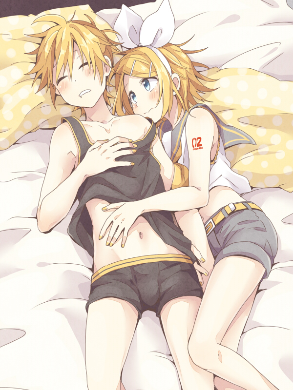 1boy 1girl :&lt; arm_grab arm_tattoo bare_shoulders bed bed_sheet blonde_hair blue_eyes blush bow brother_and_sister hair_bow hair_ornament hairclip hand_on_another's_stomach hug incest kagamine_len kagamine_rin looking_at_another lying midriff_peek nail_polish navel nervous number_tattoo on_back on_side pillow polka_dot_pillow ryou_(fallxalice) sailor_collar shirt shirt_lift shorts siblings sleeping sleepwear sleeveless sleeveless_shirt tattoo twincest twins vocaloid wavy_mouth yellow_nails yellow_pillow