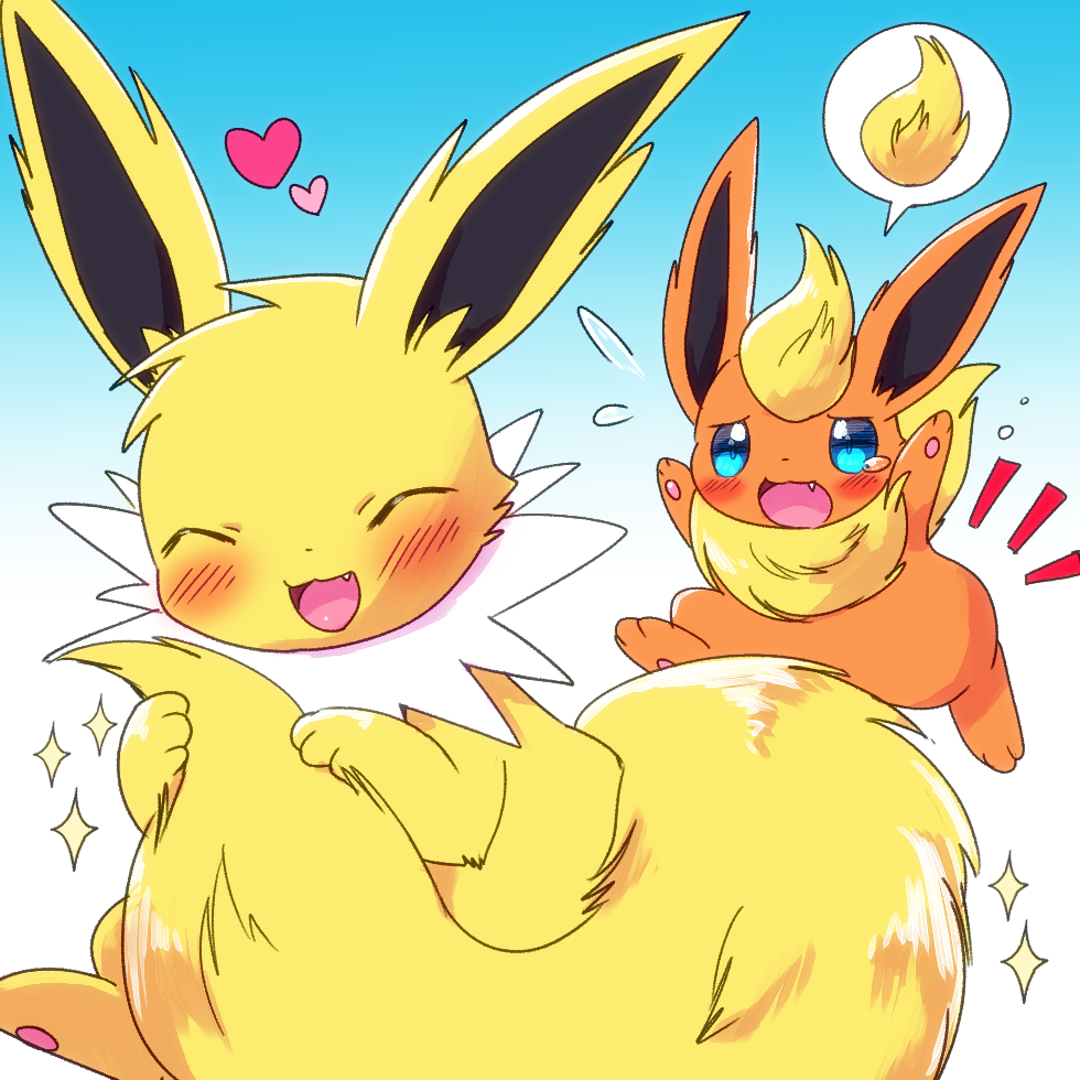 &lt;3 1:1 ambiguous_gender blue_eyes blush cute_fangs duo eeveelution eyes_closed feral flareon fluffy fluffy_tail fur jolteon kemoribbon nintendo open_mouth orange_fur pawpads pok&eacute;mon pok&eacute;mon_(species) running sparkles speech_bubble video_games yellow_fur