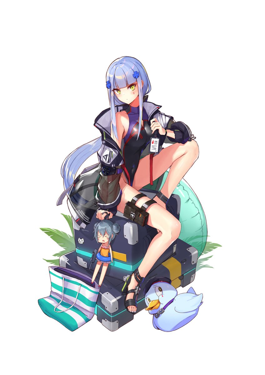 1girl assault_rifle bag bangs bare_shoulders beret black_footwear black_headwear blunt_bangs blush box breasts case character_name competition_swimsuit double_bun eyebrows_visible_through_hair eyes_closed facial_mark g11_(girls_frontline) girls_frontline green_eyes groin gun h&amp;k_g11 hair_ornament hat high_heels highres hk416_(girls_frontline) innertube jacket knee_up large_breasts long_hair looking_at_viewer multicolored multicolored_clothes multicolored_swimsuit name_tag one-piece_swimsuit open_clothes open_jacket palm_leaf pouch ranyu rifle sandals see-through silver_hair simple_background solo swimsuit teardrop thigh_strap thighs very_long_hair weapon white_background wristband