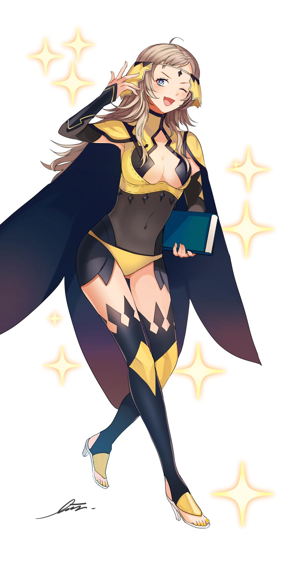 1girl ahoge blue_eyes book breasts cape center_opening circlet covered_navel fire_emblem fire_emblem_if full_body high_heels highres holding holding_book kazuha_(kazuha1003) medium_breasts nail_polish nintendo one_eye_closed open_mouth ophelia_(fire_emblem_if) signature simple_background solo white_background