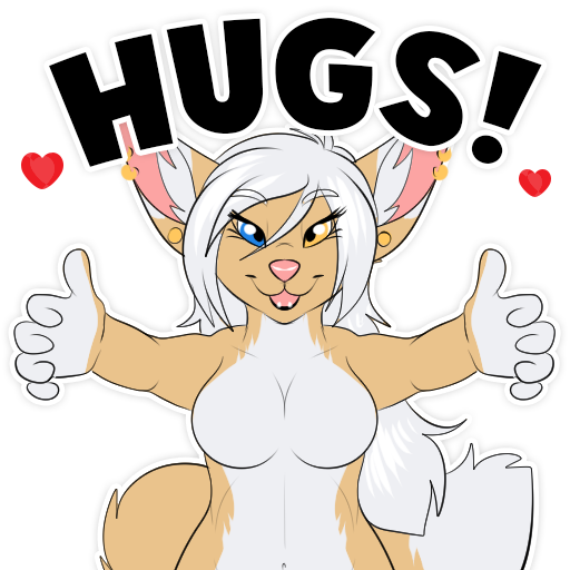 &lt;3 1:1 5_fingers anthro blue_eyes breasts canid canine dipstick_tail english_text featureless_breasts female fennec fox fur hair heterochromia hug kwik looking_at_viewer mammal mink multicolored_tail mustelid musteline open_mouth open_smile piercing pink_nose reaching_towards_viewer rose_dandy-ba smile source_request tan_fur telegram telegram_stickers text white_fur white_hair yellow_eyes