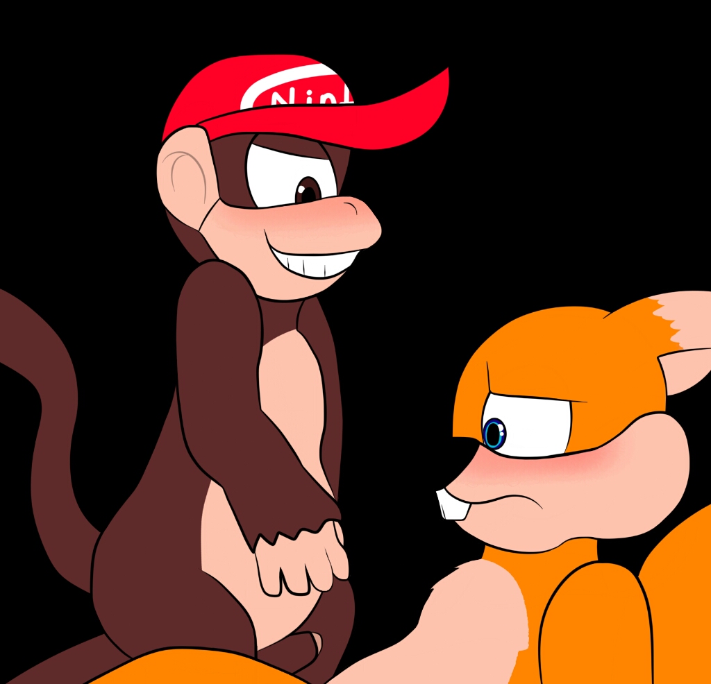 blush clothing conker conker's_bad_fur_day conker_the_squirrel diddy_kong donkey_kong_(series) duo erection fairygardens grin hat headgear headwear looking_down male male/male mammal monkey naughty_face nintendo penis primate rareware red_squirrel_(disambiguation) rodent sciurid smile video_games