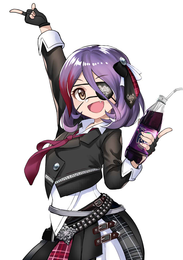 1girl :d belt black_gloves bottle brown_eyes drinking_straw eyepatch fang fanta fingerless_gloves gloves hair_between_eyes hayasaka_mirei idolmaster idolmaster_cinderella_girls jacket kaorihero necktie open_mouth purple_hair simple_background skirt smile solo white_background