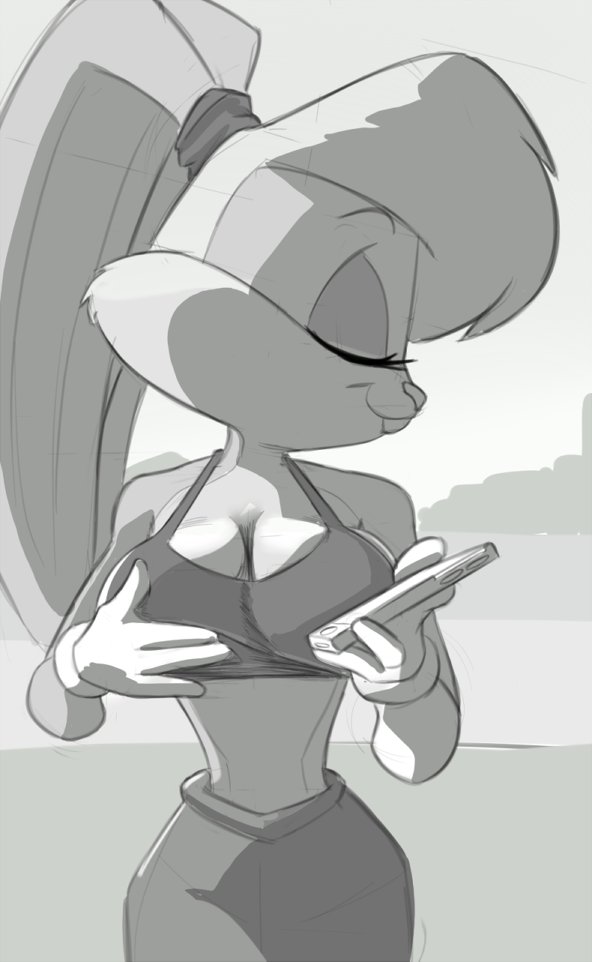 breasts buckteeth cellphone cleavage clothed clothing eyelashes eyes_closed female gloves hand_on_breast lola_bunny looking_away looney_tunes monochrome pants phone portrait saran-rape shirt solo tank_top teeth three-quarter_portrait tied_ears topwear warner_brothers white_gloves