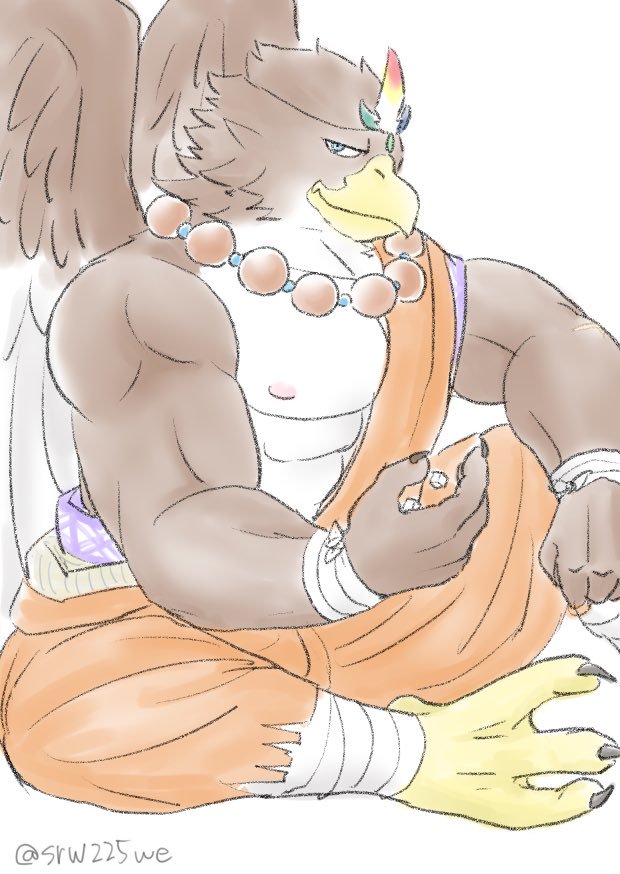 abs anthro biceps brown_feathers clothed clothing dice feathers gandharva male multicolored_feathers muscular muscular_male pecs smile solo srw225we tokyo_afterschool_summoners two_tone_feathers video_games white_feathers wings