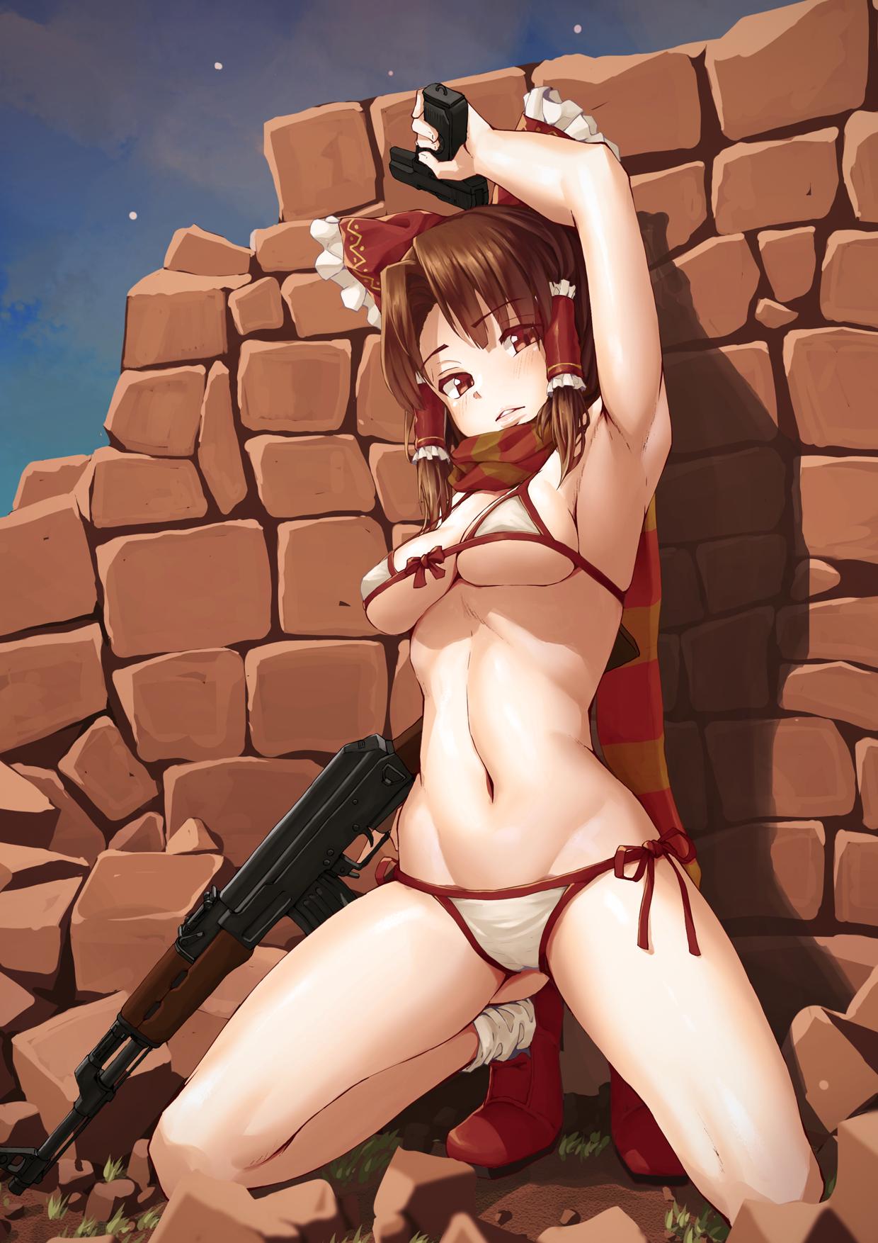 1girl arm_up armpits bangs bikini blush bow breasts brown_eyes brown_hair brown_scarf commentary eyebrows_visible_through_hair frilled_bow frills front-tie_bikini front-tie_top groin gun hair_bow hair_tubes hakurei_reimu handgun highres holding holding_gun holding_weapon hundred-jpy looking_at_viewer medium_breasts navel outdoors parted_lips pistol red_bow red_footwear red_scarf rifle scarf seiza shadow shoes short_hair side-tie_bikini sidelocks sitting socks solo stomach stone_wall striped striped_scarf swimsuit symbol_commentary thighs touhou wall weapon white_bikini white_legwear