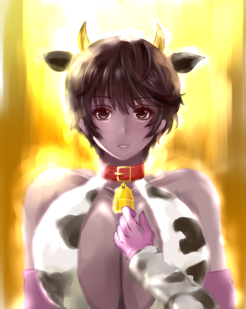 10s 1girl animal_print black_hair breasts brown_eyes cow_print gloves horns huge_breasts idolmaster idolmaster_cinderella_girls mr106 oikawa_shizuku