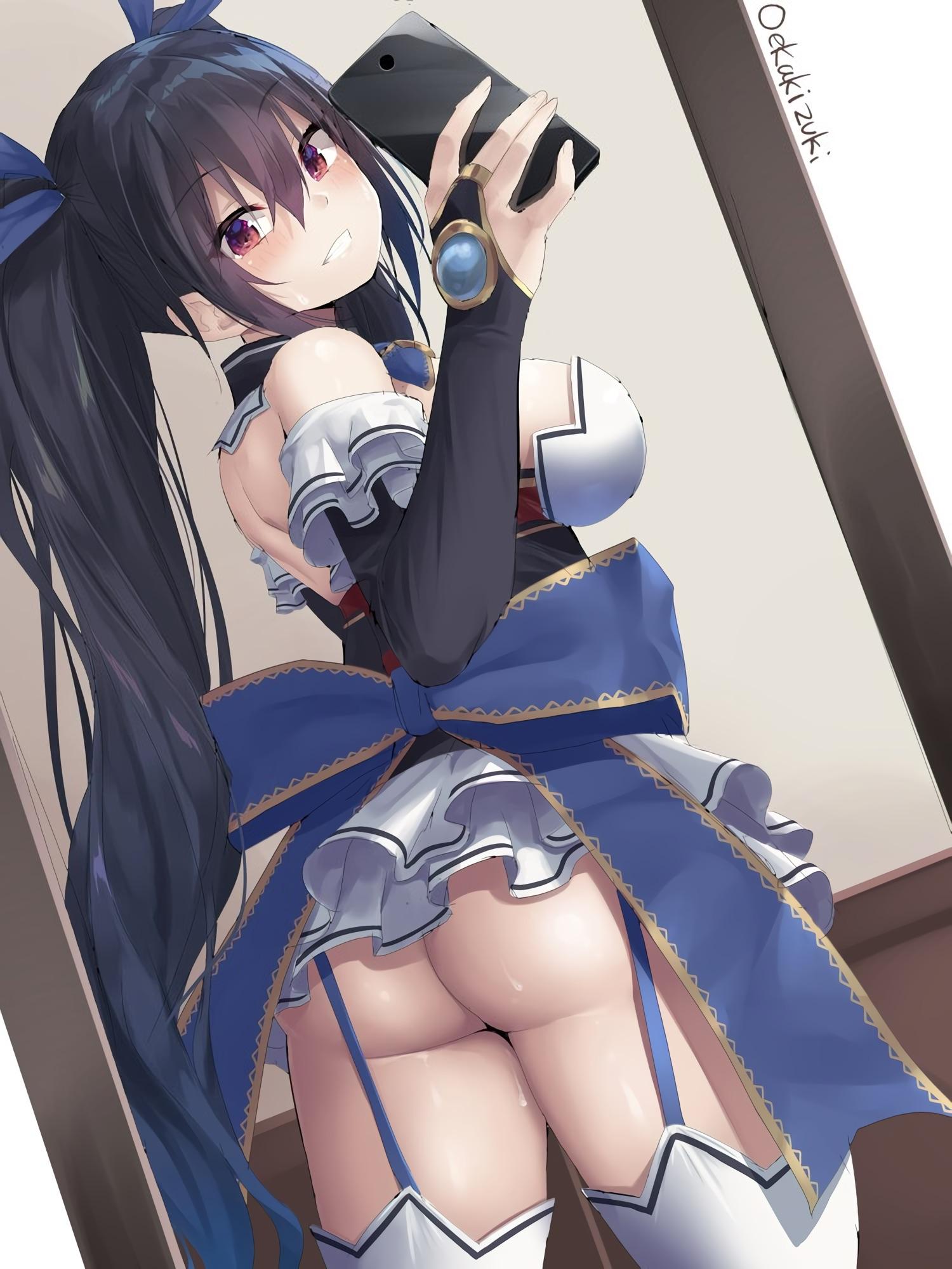 1girl ass bare_shoulders black_hair blue_ribbon blush breasts detached_collar detached_sleeves from_behind garter_straps grin hair_between_eyes hair_ribbon highres holding holding_phone indoors long_hair looking_at_viewer looking_back medium_breasts miniskirt neptune_(series) noire oekakizuki phone red_eyes ribbon self_shot shiny shiny_hair shiny_skin skirt smile solo thighhighs thighs twintails very_long_hair white_skirt