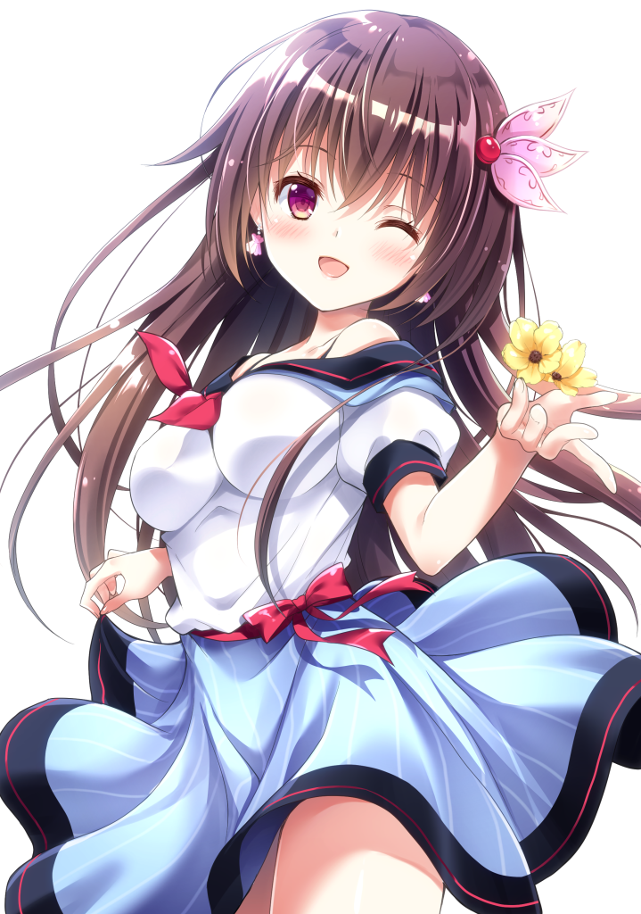 1girl arms_up backlighting black_sailor_collar blue_skirt blush breasts brown_hair collarbone earrings eyebrows_visible_through_hair flower gradient gradient_background hair_between_eyes hair_ornament hands_in_hair head_tilt jewelry kantai_collection kisaragi_(kantai_collection) long_hair looking_at_viewer medium_breasts off_shoulder one_eye_closed puffy_short_sleeves puffy_sleeves purple_eyes red_ribbon ribbon sailor_collar shell_earrings shirt short_sleeves sitting skirt skirt_hold smile solo sparkle striped striped_skirt suzui_narumi thighs vertical_stripes very_long_hair wariza white_background white_shirt