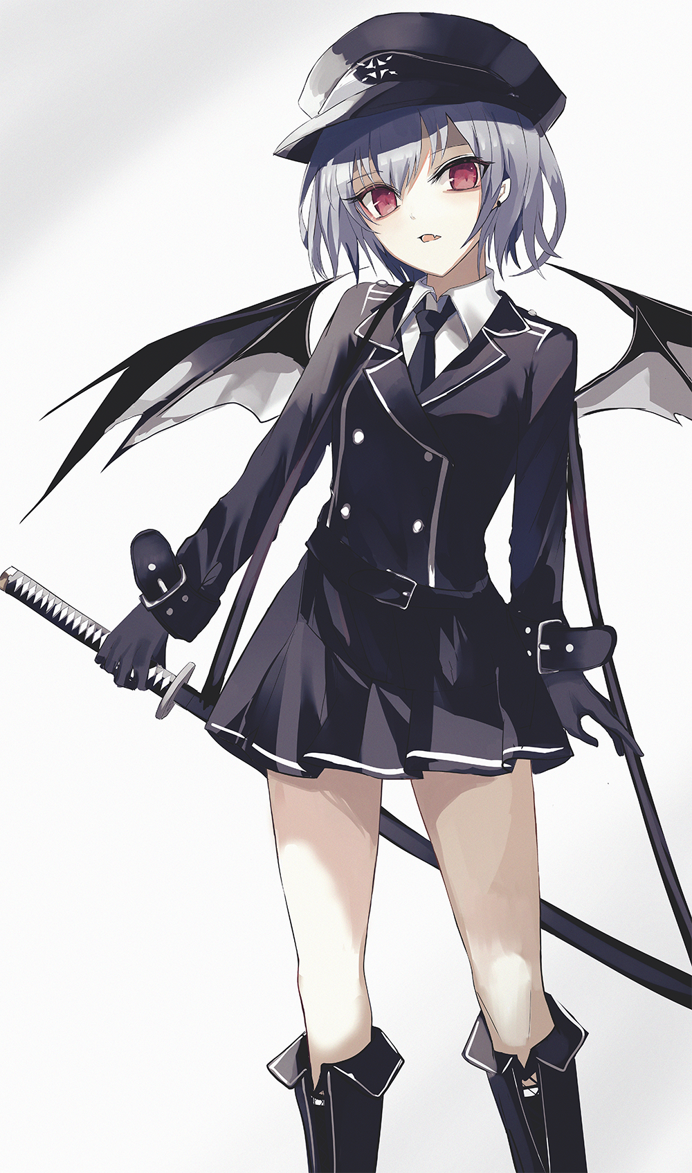 1girl alternate_costume arm_at_side bangs bat_wings beckzawachi belt_buckle black_footwear black_gloves black_headwear black_neckwear black_skirt boots buckle collared_shirt earrings eyebrows_visible_through_hair feet_out_of_frame gloves gradient gradient_background highres holding holding_sword holding_weapon jewelry knee_boots long_sleeves looking_at_viewer miniskirt necktie parted_lips pleated_skirt purple_eyes remilia_scarlet shirt short_hair simple_background skirt solo standing sword touhou uniform weapon white_background white_shirt wings