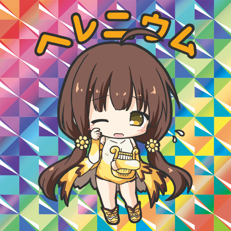 1girl ahoge bangs bikkuriman bikkuriman_(style) blush boots brown_eyes brown_hair character_name chibi colorful covered_collarbone detached_sleeves dress eyebrows_visible_through_hair flower flower_knight_girl flying_sweatdrops full_body hair_flower hair_ornament hand_up harp helenium_(flower_knight_girl) instrument iridescent long_hair long_sleeves low_twintails multicolored multicolored_background object_hug one_eye_closed open_mouth parody rinechun sleeveless sleeveless_dress sleeves_past_wrists solo sticker tears twintails very_long_hair white_dress yellow_flower yellow_footwear yellow_sleeves