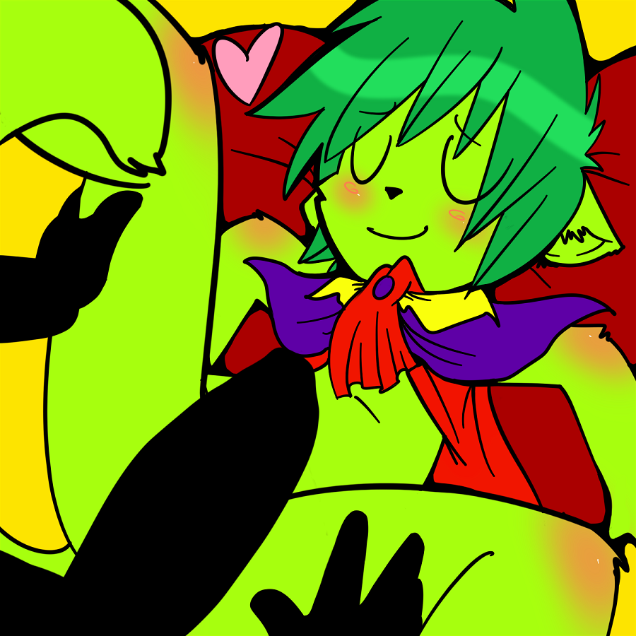&lt;3 1:1 anthro bed blush cape clothed clothing digital_media_(artwork) domestic_cat duo enookie erection eyes_closed fan_character felid feline felis fur green_fur green_hair hair humanoid_penis lying male male/male mammal on_bed partially_clothed penis smile thigh_grab