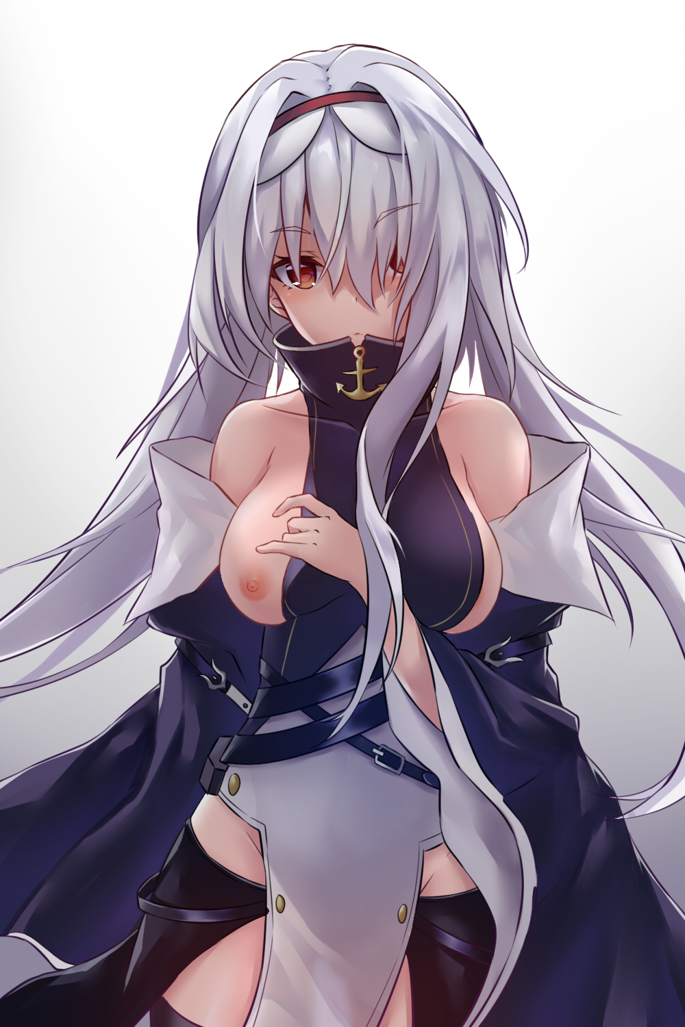 1girl areolae azur_lane bangs bare_shoulders breasts clothing_aside collarbone colorado_(azur_lane) commentary_request detached_sleeves expressionless eyebrows_visible_through_hair grey_background hair_between_eyes hair_intakes hair_over_one_eye hairband high_collar highres looking_at_viewer nipples pnt_(ddnu4555) pulled_by_self sideboob sidelocks simple_background solo white_hair wide_sleeves yellow_eyes