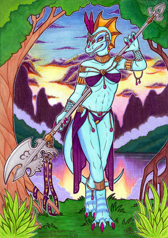 4_fingers anklet armlet armor beads blue_scales bracelet bracers breasts clothed clothing cloud eyeliner feathers female forest frill full-length_portrait gem halberd holding_object jewelry lake lizard looking_at_viewer makeup melee_weapon muscular muscular_female polearm portrait rajakaen reptile scales scalie skimpy smile solo standing sunset traditional_media_(artwork) tree unconvincing_armor valeris walking weapon wide_hips