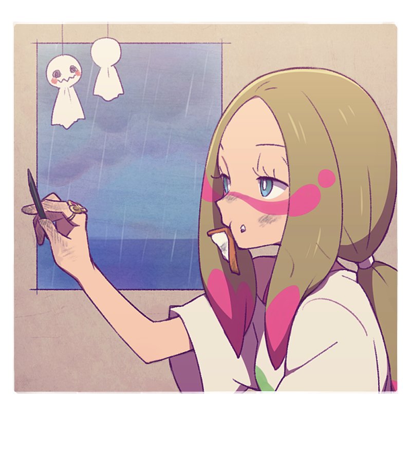 1girl agata_(agatha) brown_hair commentary_request creatures_(company) eating from_side game_freak holding looking_away matsurika_(pokemon) mouth_hold nintendo pokemon pokemon_(game) pokemon_sm rain shirt solo teruterubouzu white_shirt window