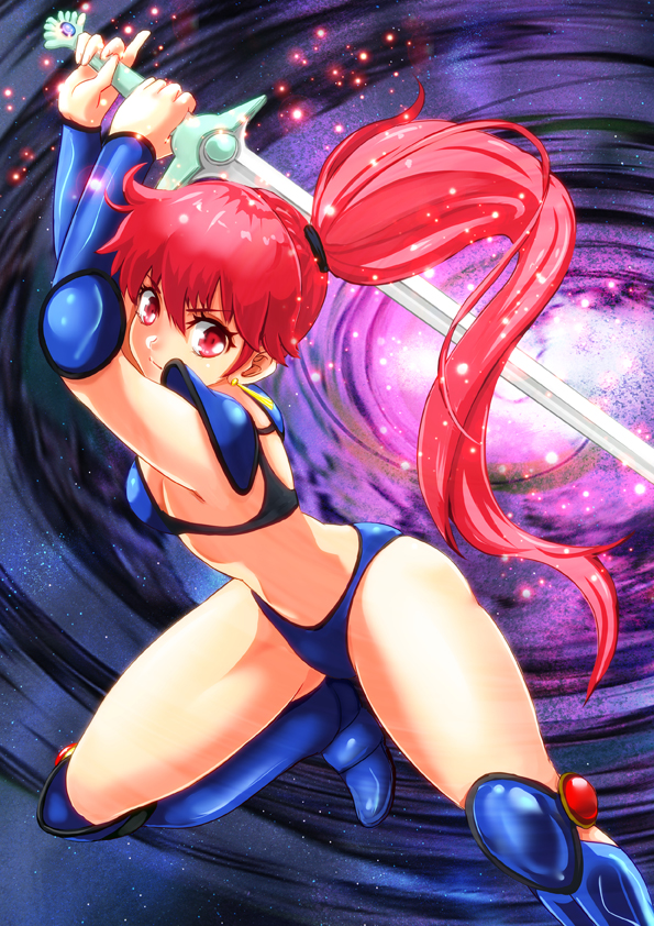 1girl armor arms_up asagiri_youko bikini bikini_armor blue_bikini blue_footwear boots breasts fighting_stance genmu_senki_leda knee_boots leg_up long_hair pauldrons red_eyes red_hair side_ponytail small_breasts solo standing standing_on_one_leg swimsuit sword vambraces weapon yamasan_(hachiman)