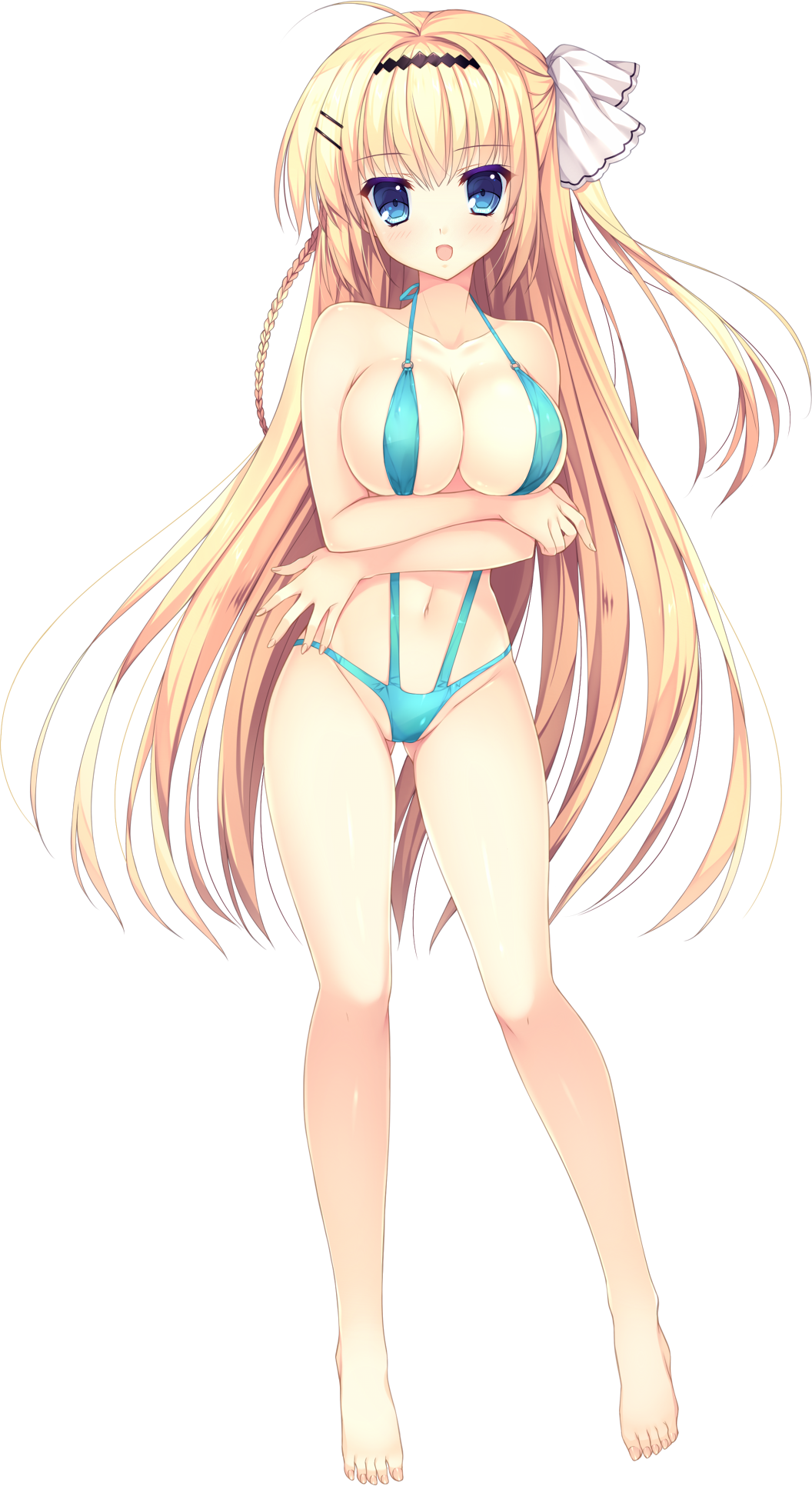1girl aqua_swimsuit barefoot blonde_hair blue_eyes blush braid breasts eyebrows_visible_through_hair full_body gluteal_fold hair_ornament hairband hairclip halterneck haruoto_alice_gram highres kuonji_kazuha_(harugura) large_breasts long_hair looking_at_viewer mitha navel official_art one_side_up open_mouth solo swimsuit transparent_background