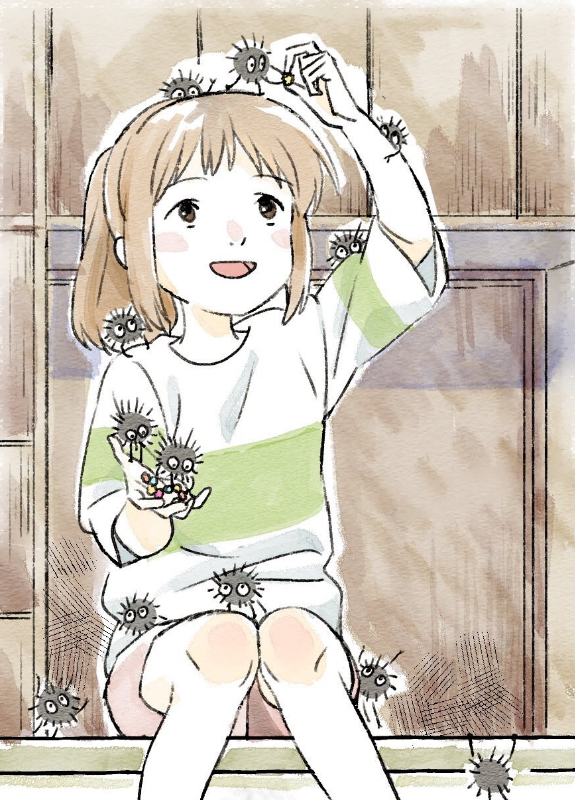 1girl blush brown_eyes brown_hair commentary_request honoboooono medium_hair ogino_chihiro open_mouth ponytail sen_to_chihiro_no_kamikakushi shirt shorts smile studio_ghibli