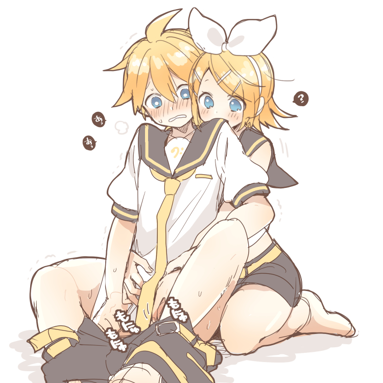 1boy 1girl ? barefoot bass_clef blonde_hair blue_eyes blush brother_and_sister covering covering_crotch crotch_grab embarrassed groping hair_ornament hairclip head_on_another's_shoulder hug hug_from_behind incest kagamine_len kagamine_rin kneeling looking_down necktie nervous ryou_(fallxalice) sailor_collar shirt shorts shorts_down siblings sitting sketch sleeveless sleeveless_shirt sweat twincest twins vocaloid