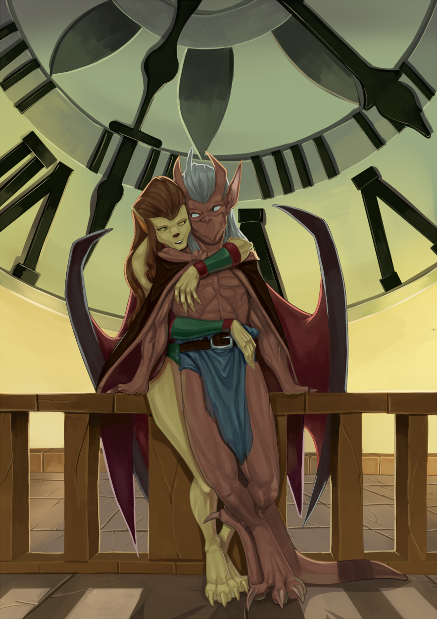 brooklyn_(gargoyles) clock clothing disney duo female gargoyle gargoyles hair hi_res horn loincloth long_ears long_hair maggie male male/female pointy_ears siberwar smile white_hair wings