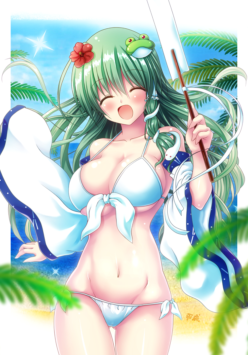1girl :d ^_^ beach bikini breasts cleavage closed_eyes collarbone commentary_request cowboy_shot day detached_sleeves eyebrows_visible_through_hair eyes_closed facing_viewer flower frog_hair_ornament front-tie_bikini front-tie_top gluteal_fold gohei green_hair groin hair_flower hair_ornament hand_up highres kochiya_sanae large_breasts long_hair navel open_mouth osashin_(osada) outdoors side-tie_bikini smile snake_hair_ornament solo swimsuit thigh_gap touhou white_bikini wide_sleeves